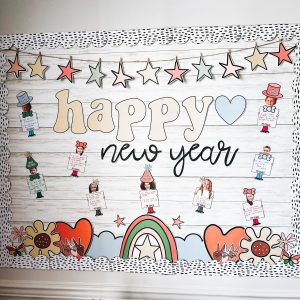 new year classroom reset - kid faces on bulletin board